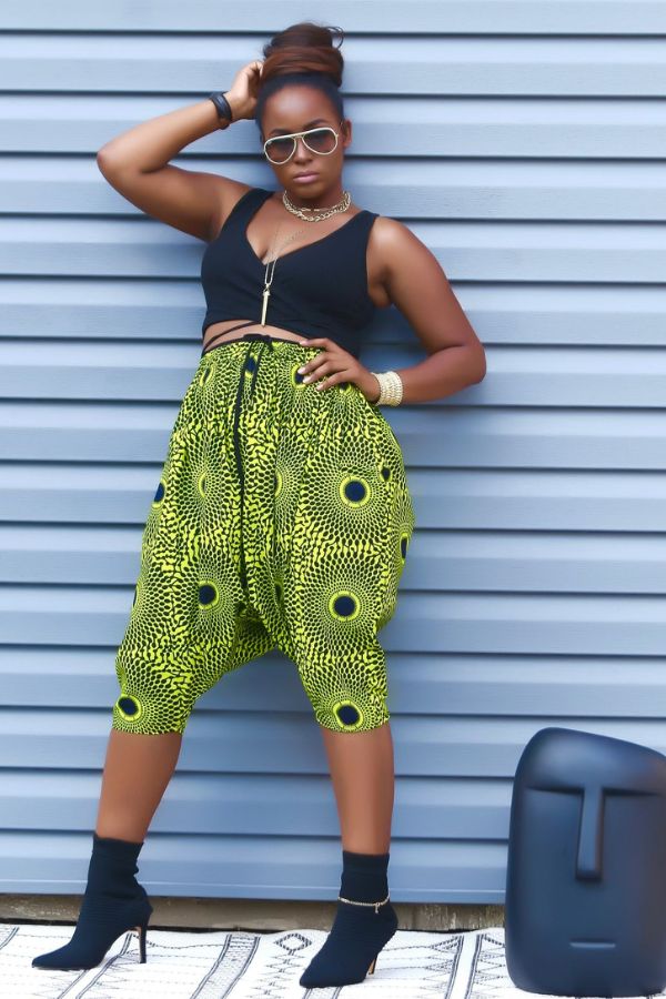 Ankara Drop-Crotch Harem Shorts (Lime green)