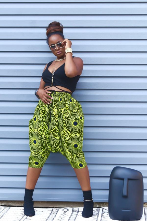 Ankara Drop-Crotch Harem Shorts (Lime green)