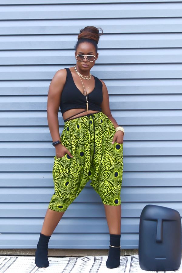 Ankara Drop-Crotch Harem Shorts (Lime green)