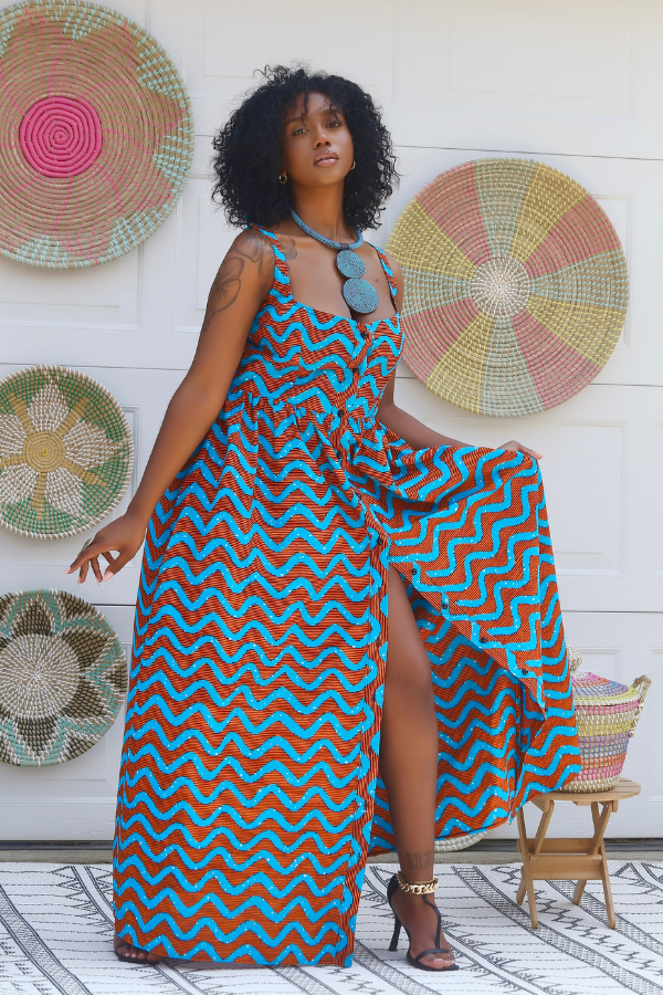 African Print Wavy Maxi Dress