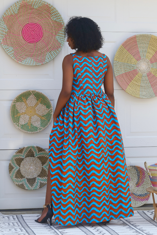 African Print Wavy Maxi Dress
