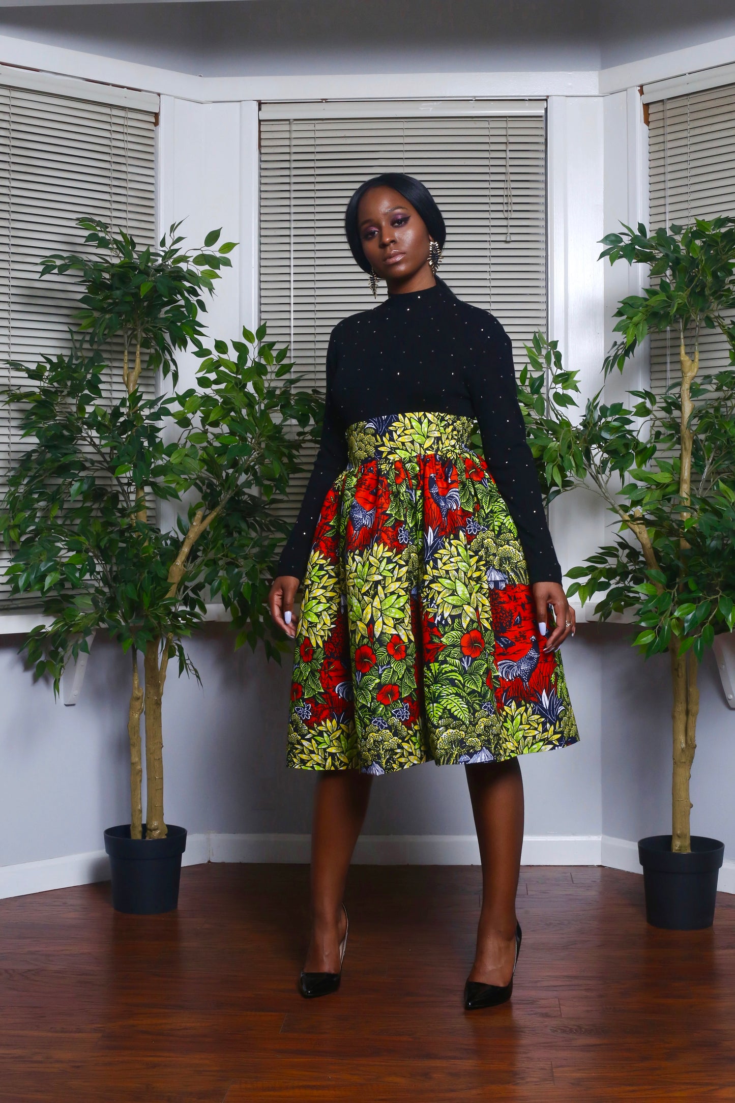 African Print Zandra (Red) Midi Skirt