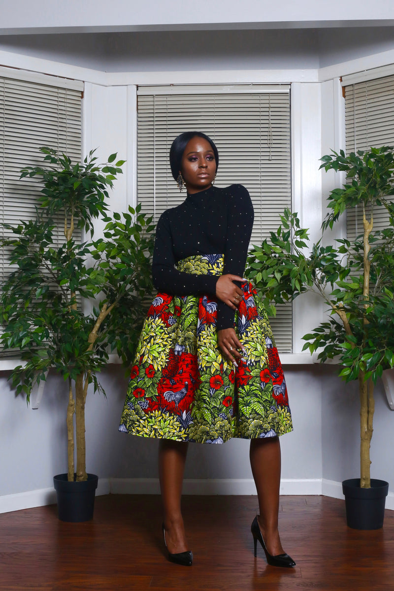 African Print Zandra (Red) Midi Skirt