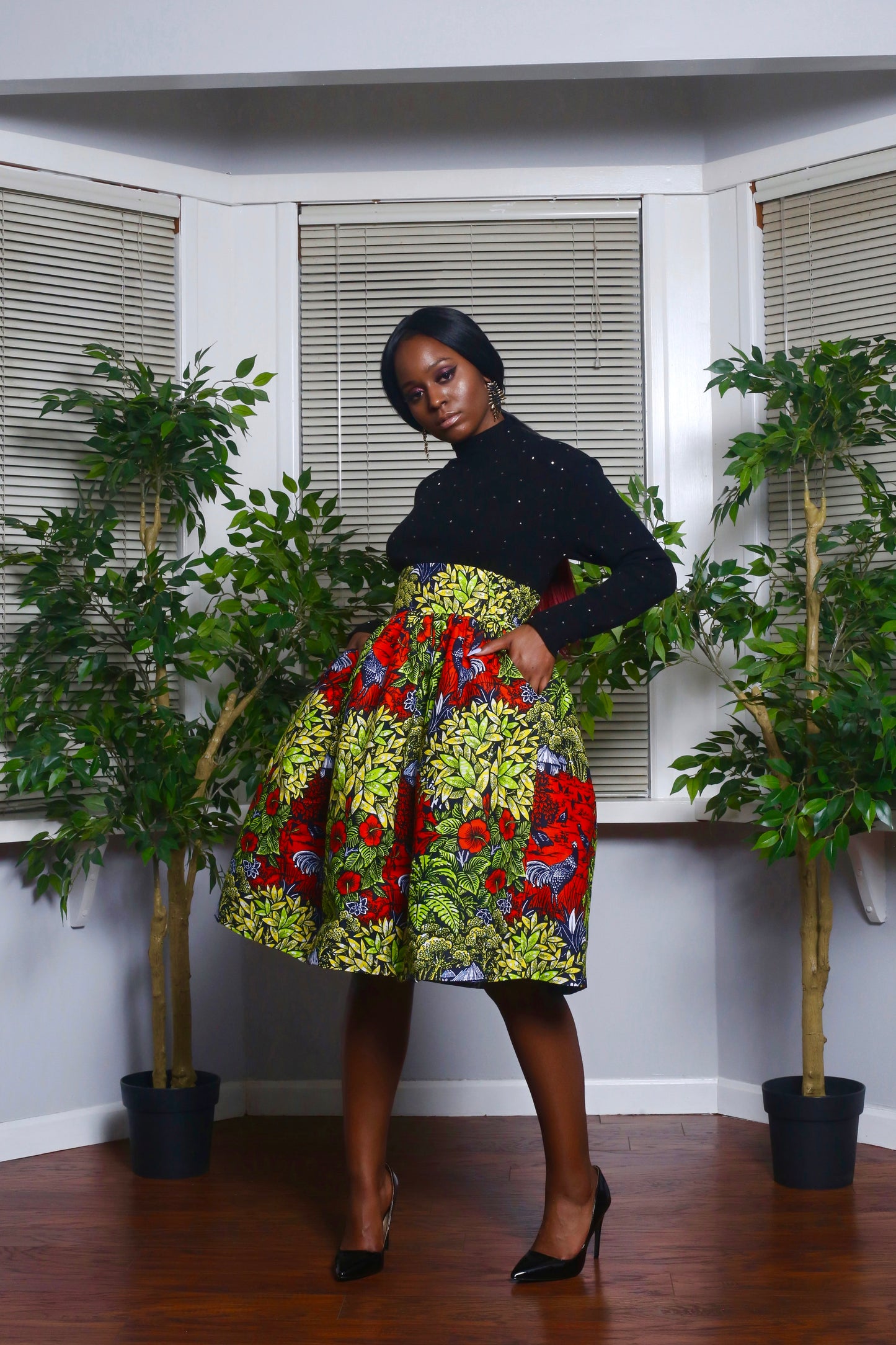 African Print Zandra (Red) Midi Skirt