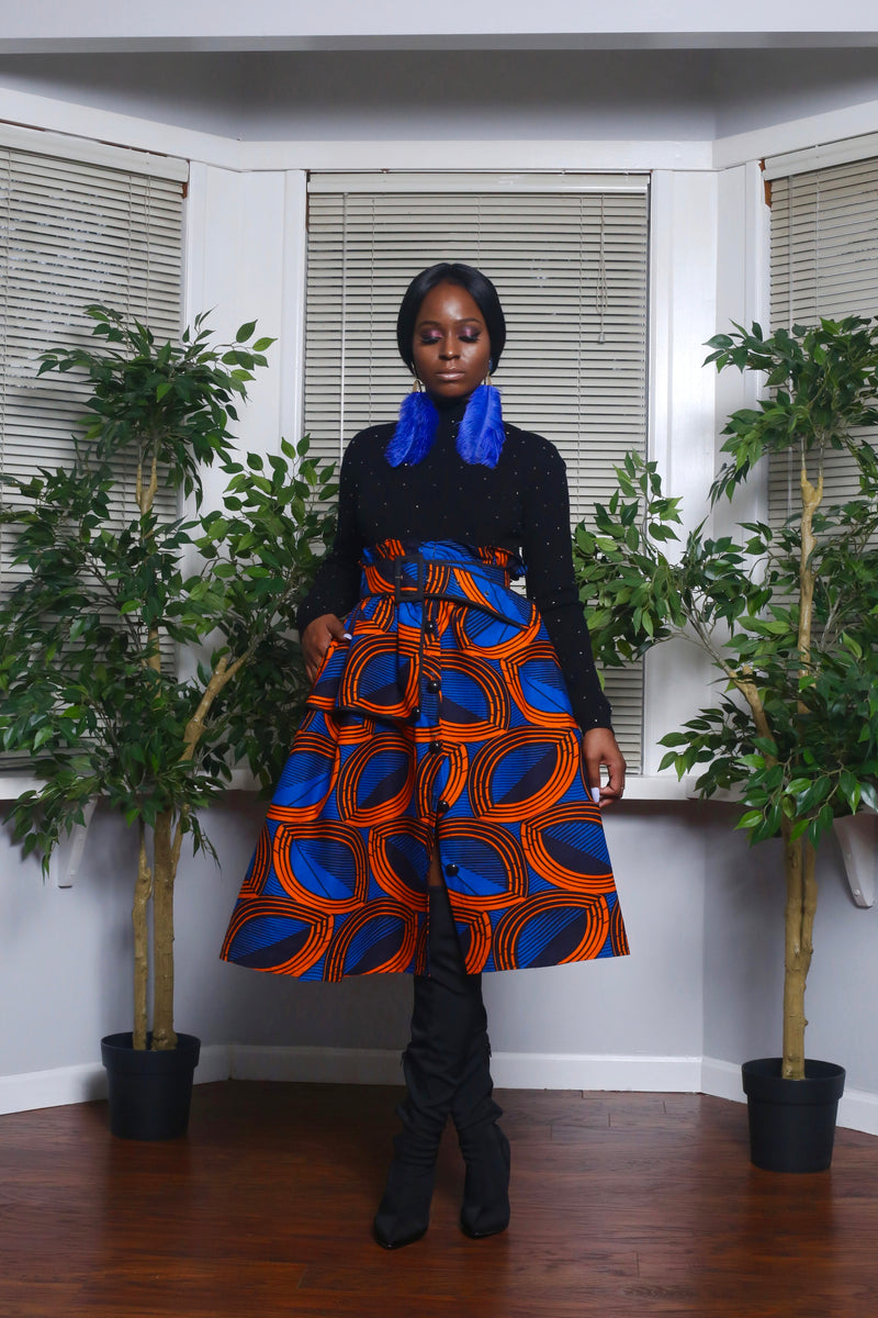 African Print Zanaib (Blue) Midi Skirt