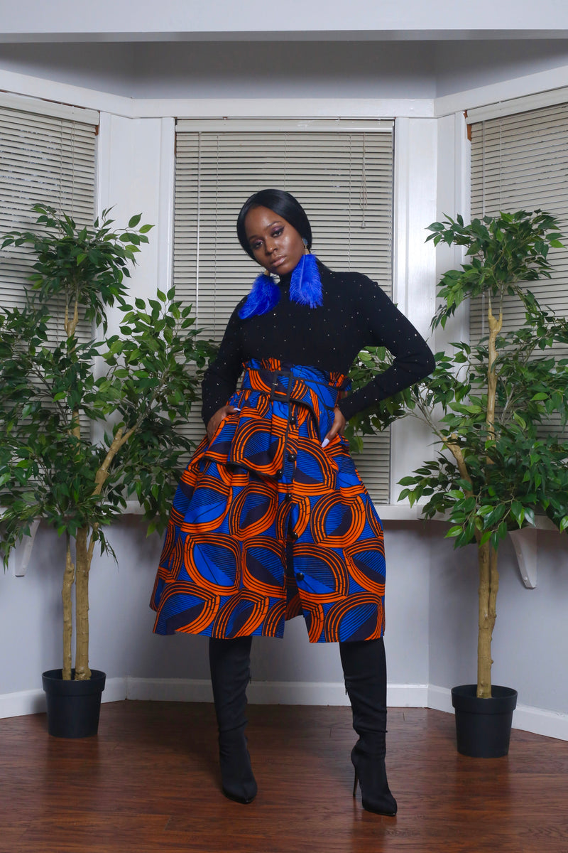 African Print Zanaib (Blue) Midi Skirt