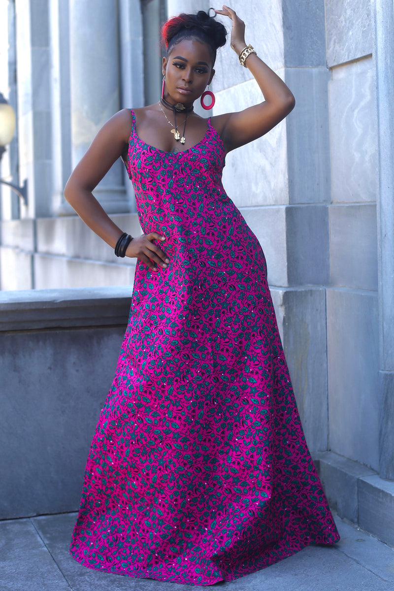 African Print Nadia (Pink) Maxi Dress