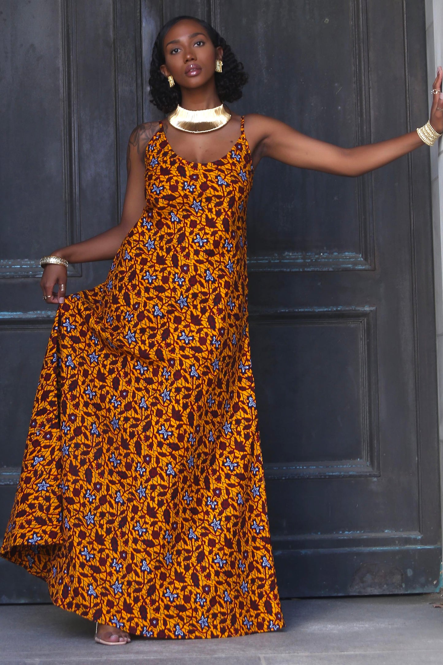 African Print Nadia (Gold) Maxi Dress