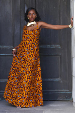 African Print Nadia (Gold) Maxi Dress