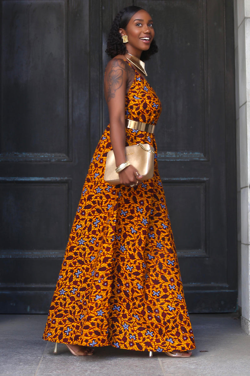 African Print Nadia (Gold) Maxi Dress