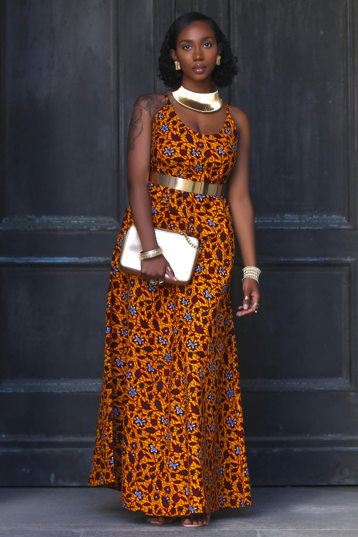 African Print Nadia (Gold) Maxi Dress